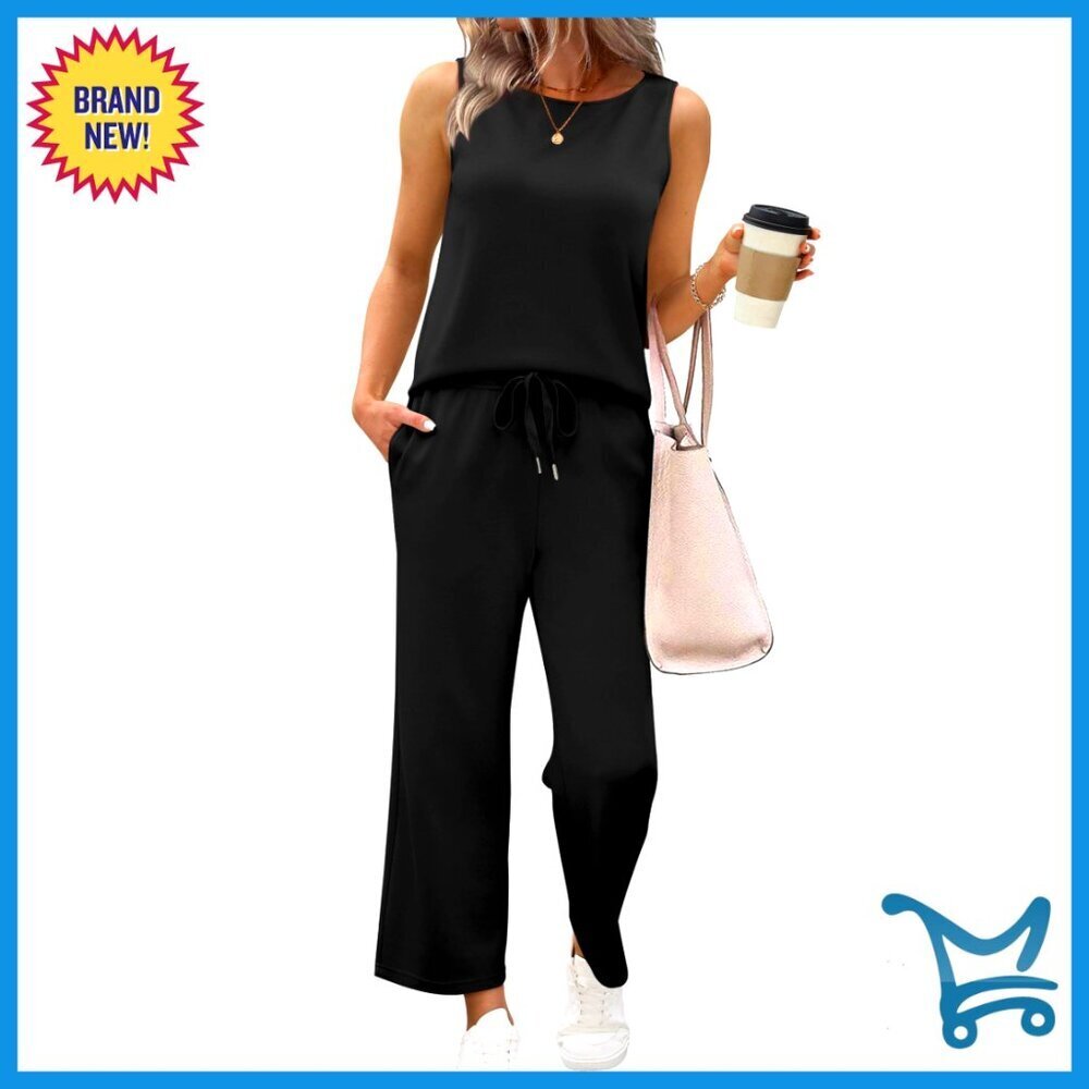 Two Piece Set Wide Leg Crop Pants Crew Neck Top Lightweight Stretch Chic Summer